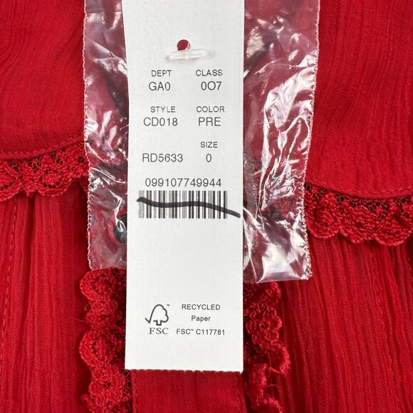 J Crew Women's Sheer Lace Trim Button Up Shirt Size 0 Red Short Sleeve - Picture 9 of 16